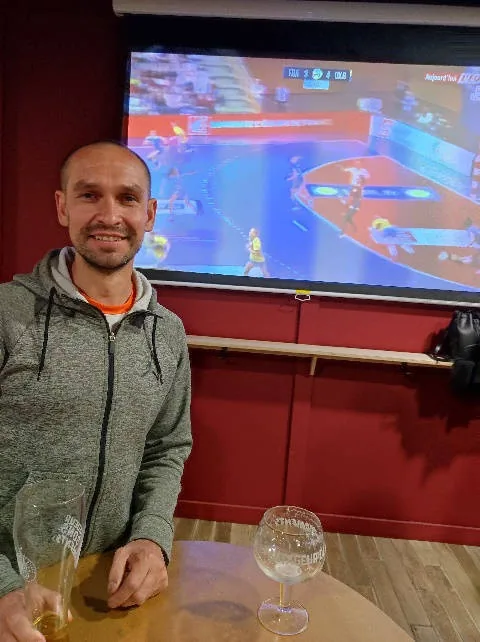 Vasyl, who arrived from Ukraine, at the pub watching the France-Ukraine match